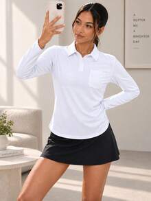 Women's Long Sleeve Polo Shirt Classic Collar Button Front Pocket Casual Top - White - View 4
