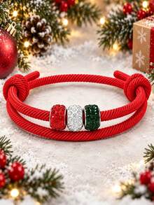 2pcs Christmas Adjustable Knotted Rope Bracelets, Red Green White Rhinestone Beads Wristbands, Holiday Party Decoration Jewelry, Suitable For Men And Women Christmas Gifts - Christmas Woven Bracelet - View 5