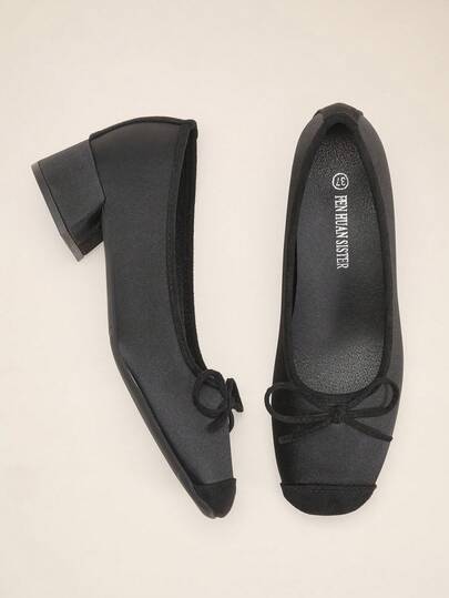 Okurime. Sepatu Wanita Hak Tebal Ujung Persegi, Sepatu Flat Serbaguna dengan Pita, Sepatu Slip-On Modis, Sepatu Hak Tinggi Hitam