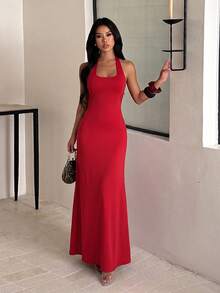 Women's Solid Color Casual Minimalist Party Halter Neck Dress - Red - View 1