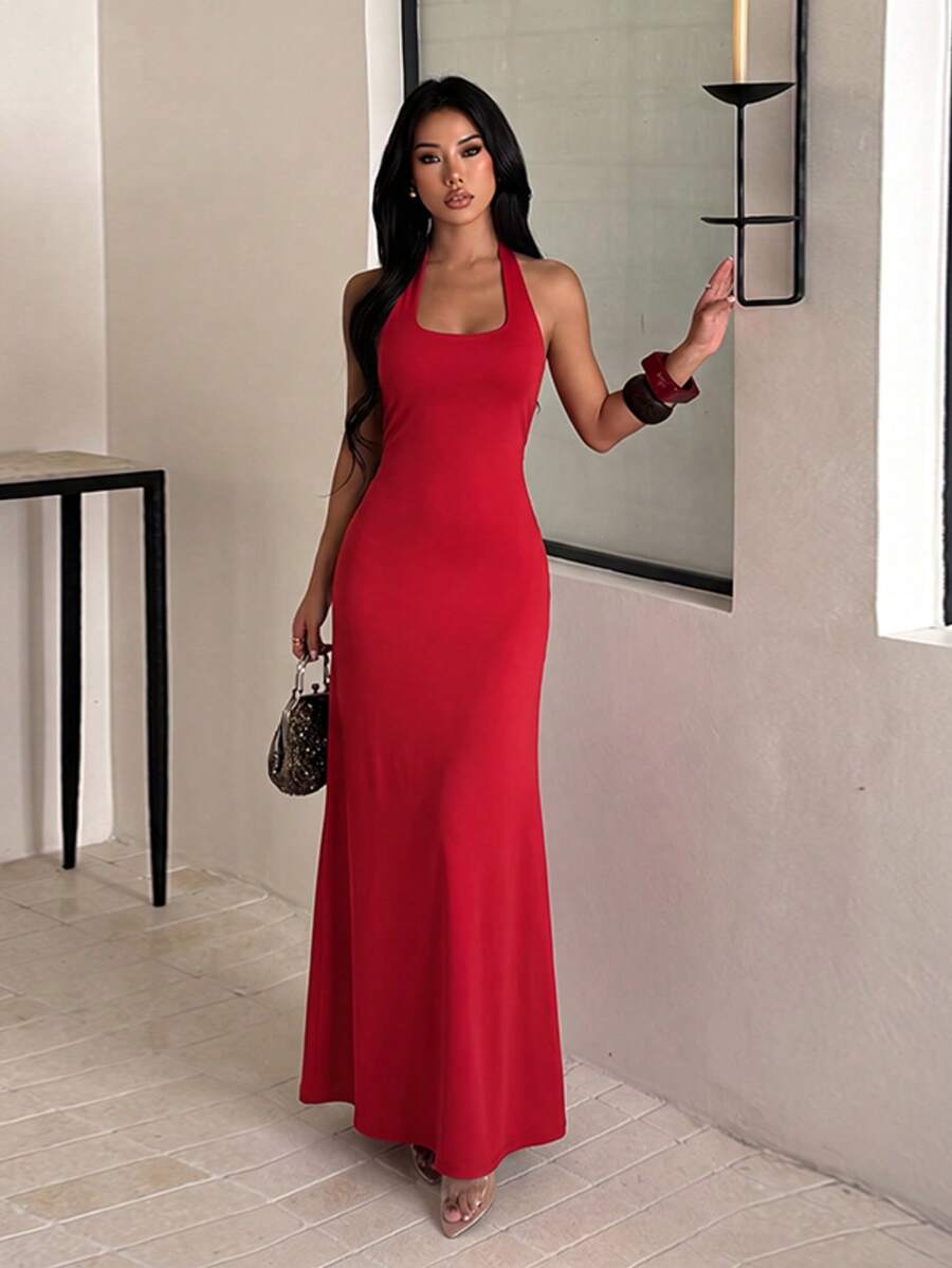 Women's Solid Color Casual Minimalist Party Halter Neck Dress - Red - View 1