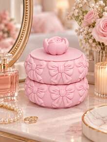 Pink Stackable Jewelry Box With Rose Lid, Embossed Bow Jewelry Organizer For Earrings, Necklaces & Bracelets, Round Trinket Storage Box For Vanity - Pink Flowers - View 1