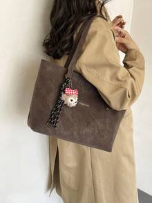 Vintage Faux Leather Tote Bag With Cute Plush Doll Pendant, Large Capacity Shoulder Handbag For Women, Suitable For Daily Commute - Coffee Brown - View 3