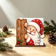 1pc Peeking Santa Wooden Napkin Holder & Tissue Box - Hidden Santa With Snowflake And Holly Berry Table Centerpiece, Movable Desktop Storage Box, Suitable For Home Kitchen, Christmas Party Decoration, Desktop Tissue Holder, Christmas Decor, Home Decor - Multicolor - View 4
