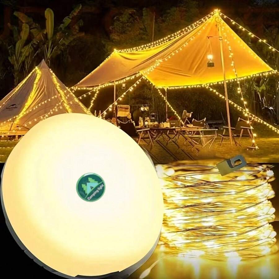 20M(787.4in) 2-In-1 Rechargeable Camping String Lights, Outdoor String Lights With 3 Lighting Modes, Christmas Decoration Lights, Hanging Portable LED Lights, Suitable For Garden, Yard, Camping, Halloween, Party And Wedding Decoration (Built-In 2000mAh Rechargeable Lithium-Ion Battery) - Round 20M - View 1
