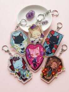 1/6pcs Gothic Coffin Sleeping Cat Acrylic Keychain, Dark Aesthetic Gothic Style, Floral Tombstone Frame & Anime Cat Girl Cat Design, Backpack & Shoulder Bag Charm, Car Key Ring Accessory, Ideal Gift For Cat Lovers & Anime Fans - Multicolor - View 5
