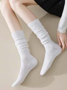 1/2/3 Pairs Women's Loose Pleated Knee-High/Mid-Calf Skateboard Socks, Warm Thick Lining, Solid Color Design, College Style Vintage, Suitable For Autumn/Winter Matching JK, Street Style Outfits - Multicolor - View 5