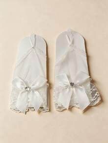 White Lace Bow Fingerless Rhinestone Bridal Gloves, Sleeveless Wedding Gloves - Multicolor - View 5