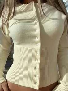 Women's Ribbed Button Cardigan, Long Sleeve Round Neck Polyester Sweater, High Elasticity, Regular Length, Suitable For Autumn/Winter Wear - Light Yellow - View 1