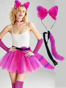 Women's Halloween Cosplay Plush Cat Ears & Tail Set, Purple-Pink Gradient Striped Fluffy Cat Ear Headband, Stage Performance Carnival Party Costume Accessory - Purple Kitten - View 11