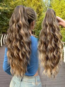 HEYPINK Ombre Colored Claw Ponytail Extension Hair Accessory 24 Inches Long Natural Water Wave Heat-Resistant Fiber Synthetic Ponytail Wig, Suitable For Women's Daily Use - Black Brown - View 12