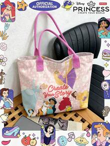 Miniso Tas Tote Kanvas Disney Princess, Motif Bunga Pink dengan Berbagai Putri, Tas Bahu dengan Pegangan, Cocok untuk Penggunaan Sehari-hari - Berwarna merah muda - View 4
