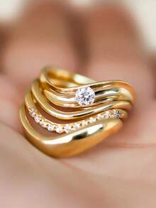 4pcs/1pc 18K Gold Plated Multi-Layer Streamlined Ring Set, Women's Ring, French Style, Luxury Gift Jewelry For Women - Gold - View 3
