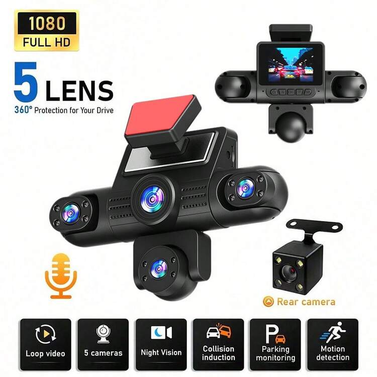 SIDAKEYE 360° Panoramic 5-Channel Dash Cam (4 Lenses + Rear) 64G Memory Card, 3.16-Inch IPS Display, 1080P Front, 720P Front/Middle/Rear/Left/Right Full Coverage, Quad-View Display, HD Night Vision, Wide Dynamic Range, G-Sensor, USB Charging, 150mAh - A - View 9