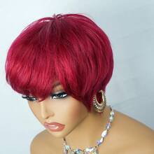 Green & BUG Red Color Layered Pixie Cut Human Hair Wigs For Women 6 Inch Short Pixie Cut Wig 150% Density Full Machine Made Wig With Bangs 1 Pc Human Hair Wig For Music Festival Daily Party Wear - SBUG - View 7