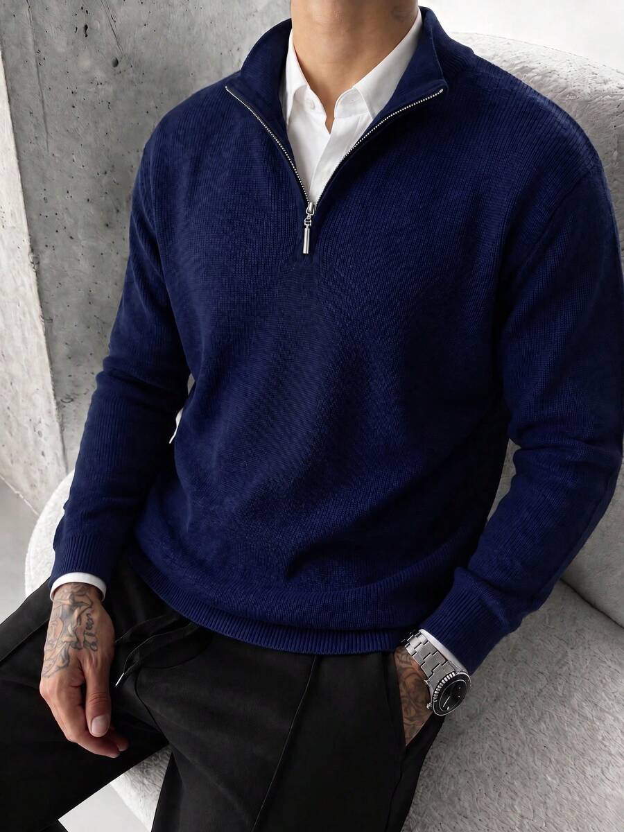 Men's Zipper Vertical Ribbed Knit Sweater, Stand Collar Long Sleeve, Suitable For Office And Daily Wear, Fashion Casual