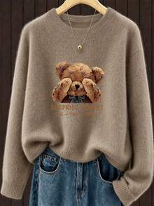 Plus Size Women Surprise Teddy Bear Pattern Casual Crew Neck Pullover Knit Sweater - Earth Gray - View 7