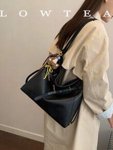 low tea 1pc Minimalist Fashion PU Leather Shoulder Bag, Suitable For Commuting, Shopping, Etc. (With Pendant) - Black - View 10