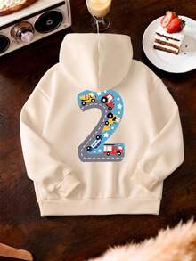 1pc Boys Toddler Hooded Sweatshirt, Construction Truck & Number 2 Cartoon Print, Cream White Loose Fit Pullover Sweatshirt For Spring And Autumn - Apricot - View 2