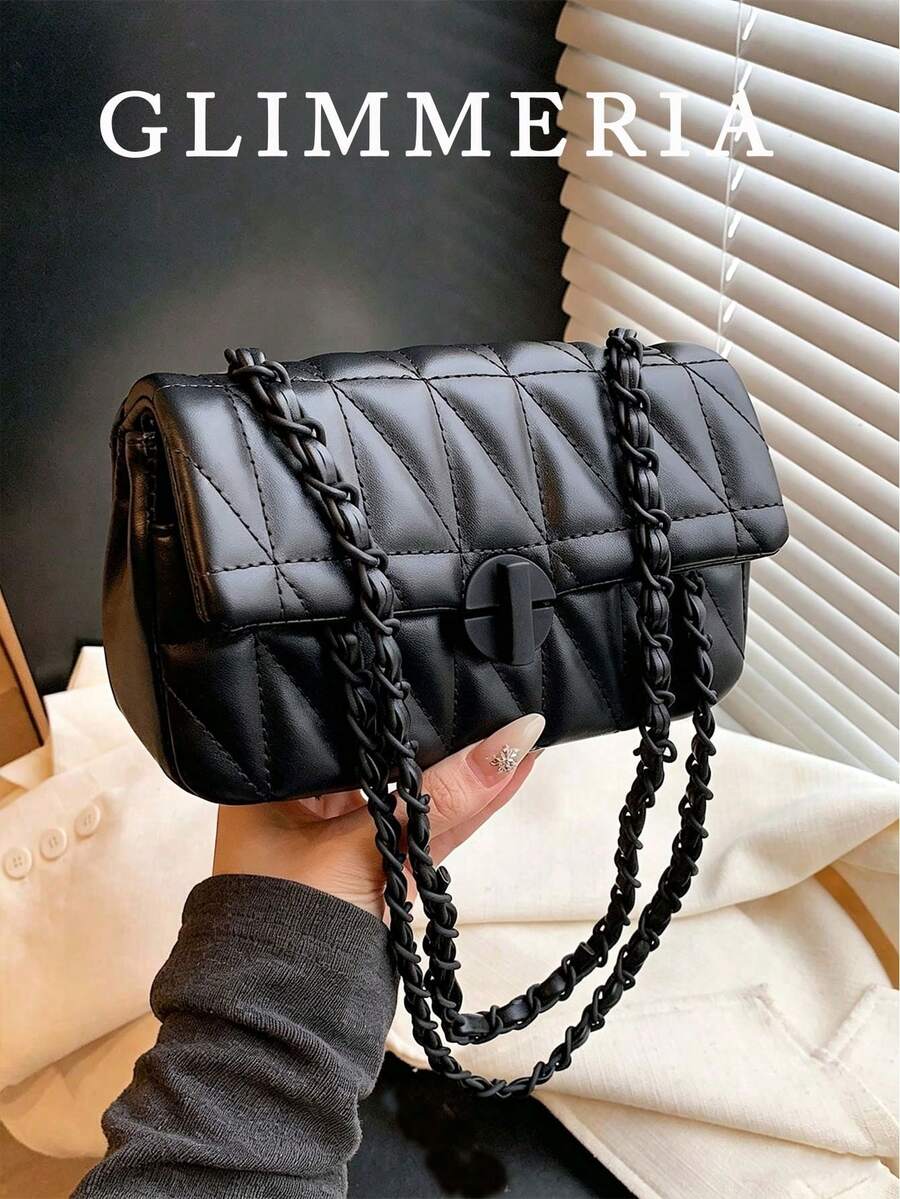 Fashion Quilted Chevron Pattern Crossbody Bag - Women Compact PU Leather Shoulder Bag With Security Twist Lock