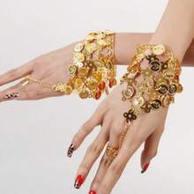1pc Gold Alloy Coin Tassel Finger-Connected Hand Jewelry, Belly Dance Figure Coin Pendant Wrist Bracelet Ring Integrated Bracelet For Stage Performance, Vacation, Party - Multicolor - View 3