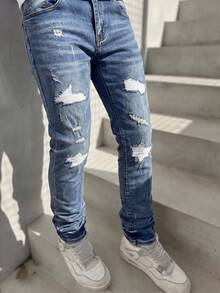Celana Jeans Pria Slim Straight Leg dengan Detail Sobek dan Garis-Garis, Serbaguna untuk Perjalanan dan Pakaian Kasual, Celana Panjang Denim yang Membuat Tubuh Terlihat Ramping - Biru - View 4