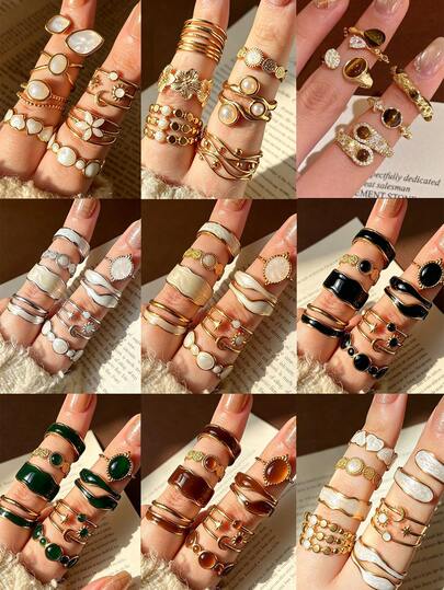Random 5pcs/6pcs/8pcs Minimalist Fashion Casual Elegant Star Moon Sunflower Heart Faux Tiger Eye Stone Drip Oil Ring Set For Women Dating Vacation Daily Wear Party Anniversary Holiday Gift