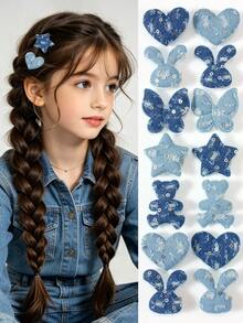 10pcs Random Blue Tone Rhinestone Glitter Fashion Hair Clips With Star, Rabbit, Butterfly, Bear, Heart Fabric Decor, Cute Girl Daily & Party Hair Accessories - Multicolor - View 1