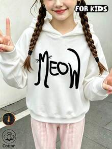 Girls' Hooded Sweatshirt, Cat Line Art Letter Print Long Sleeve Pullover Sweatshirt, Casual Loose Fit Autumn/Winter Style For Tween Girls - White - View 3