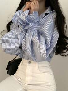 Women's Casual Summer Loose Open-Front Striped Long Sleeve Shirt With Collar, Niche Design - Blue - View 3