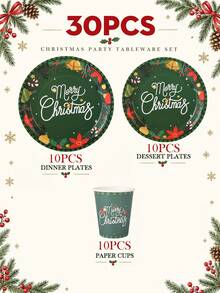 10/20pcs Christmas Disposable Paper Tableware Set, Includes 7-Inch And 9-Inch Plates, Cups, Napkins And Straws; Featuring Deep Green "Merry Christmas", Poinsettia And Bell Decorative Patterns, Suitable For Christmas Parties, Holiday Dinners, Winter Celebrations And Holiday Table Decor. - Multicolor 3 - View 12