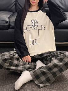 2pcs/Set Women's Pajamas Loungewear Set, Young Casual Pullover Round Neck Couple Style Long Sleeve Long Pants, Comfortable Home Style - Black and White - View 9