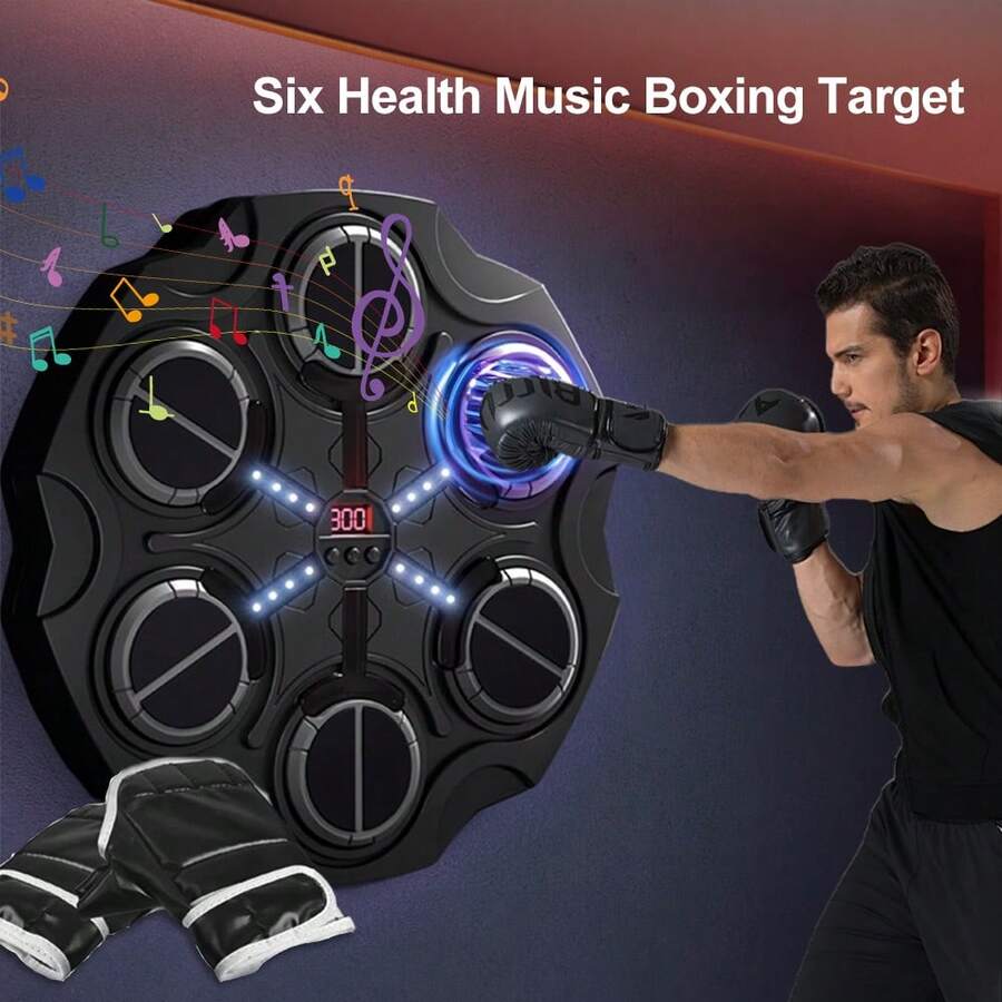 Intelligentes Musik-Boxtrainer-Wandgerät mit Bluetooth in Schwarz für Anfänger und Erwachsene, inklusive zwei Schutzhandschuhen, vier Saugnäpfen, vier Klettbändern und einer Batterie, vielseitig einsetzbar als Boxziel, Schlagpolster und Trainingsgerät für das tägliche Heimtraining zu Hause, Wandmontage.