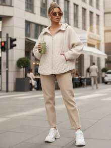 Women's Oversized Hooded Jacket, Quilted Panel, Zip Front, Adjustable Hood, Zip Pockets - Light Grey - View 3