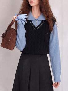 Women's Preppy Cable Knit Pullover Vest, V-Neck Fashion Warm Knit Sweater, Versatile Layering Essential - Black - View 3