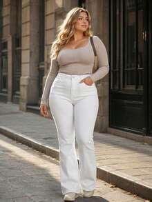 Plus Size White Flare Jeans, With Pockets And Zipper, High Elasticity Long Pants, Suitable For Daily Fashion Wear - White - View 6