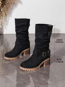 Vintage Ruched Mid-Calf Boots For Women, Chunky Heel, Thick Sole, Belt Buckle, Western Style, Wrinkled Boots, Autumn/Winter Riding Boots - Black - View 6