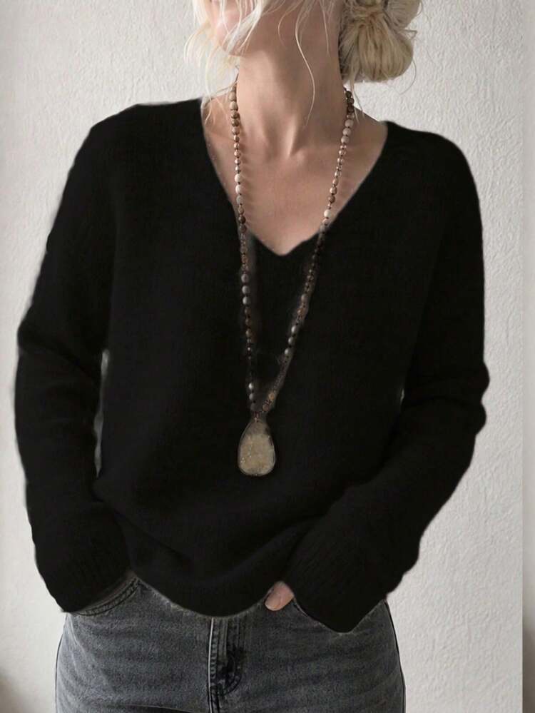 Women's Plush Sweater | Dusty Pink V-Neck Fall Winter Pullover | Soft Dropped Shoulder Knit Top, Prom, Halloween, Back To School - Black - View 4