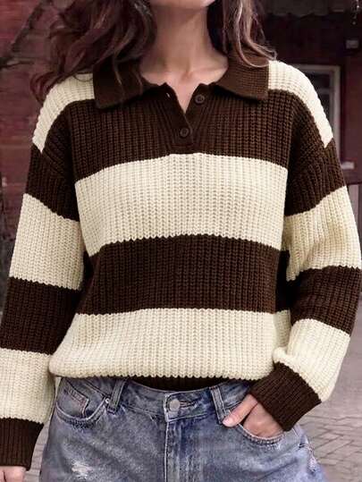 Teen Girls Girls Autumn Fashion Versatile Elegant Preppy Striped Collar Sweater Spring Autumn Winter Halloween