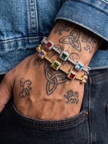 1pc Men's Hip-Hop Colorful Square Zirconia Bracelet, Personalized Shiny Tennis Bracelet, Suitable For Men's Autumn Date, Holiday, Daily Commute Jewelry - Colorful Bracelet - View 1
