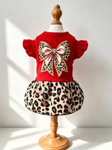 LUCKIE LABO 1pc Leopard Print Bowknot Fun Graphic Flutter Sleeve Pet Dress, Physical Anti-Flea, Reduce Shedding, Heat Insulation, Breathable, Suitable For Small And Large Dogs And Cats, Indoor And Outdoor - Multicolor - View 3