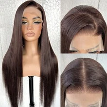 13x4 Brown Natural Straight Synthetic Hair Lace Front Wig Glue-Free Whole Set Heatproof Soft Straight Fiber For Women, Halloween - Brown - View 5