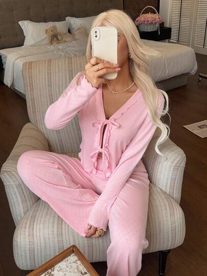 2pcs/Set Women's Pajama Set Long Sleeve Cardigan & Long Pants - Comfortable Elegant Home And Outwear Pajama Set Romantic Sweet Cute