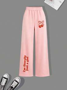 2pcs/Set Girls Half-Zip Polo Collar Letter & Cherry Print Sweatshirt With Casual Wide Leg Pants, Sweet Style Autumn/Winter Outfit - Pink - View 5