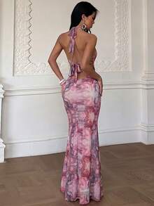 Autumn Floral Print Draped Neck Tie Strap Dress Beach Vacation - Pink - View 6
