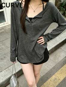 Plus Size Casual Long Sleeve Cover-Up Loose Fit Daily Commute Slouchy Minimalist Versatile Women's Top - Dark Grey - View 1