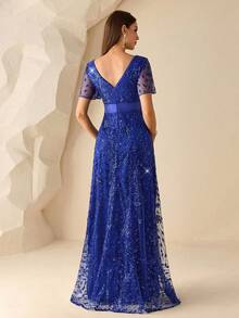 XUCTHHC Elegant V-Neck Butterfly Sleeve High-Quality Sequin A-Line Deep Blue Party Evening Gown, Formal Ball Dress, Wedding Guest, Holiday, Autumn/Winter - Royal Blue - View 5