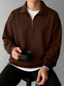 Sweatshirt Pullover Pria Model Terbaru Musim Gugur/Dingin, Gaya Jalanan Kasual, Bermotif, dengan Kerah Resleting dan Motif Cetak. - Coklat - View 2