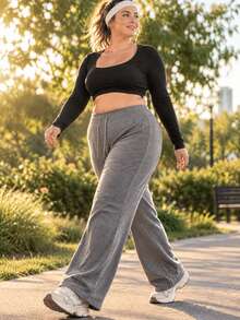 Plus Size Women's High Waist Wide Leg Yoga Pants, Drawstring Tummy Control Athletic Pants, Loose Workout Gym Running Casual Trousers - Dark Grey - View 4