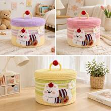 Cotton Rope Storage Basket With Lid, Dustproof Desktop Storage Bin, Creative Woven Organizer For Snacks Sundries, Household Home Storage Container, Random Style Sent - Multicolor - View 3